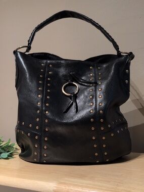 Paradox Black and Gold Hobo Bag with Studded Design